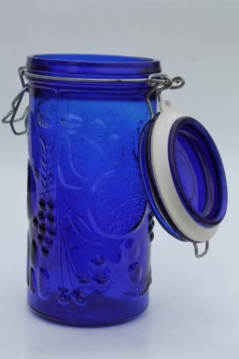 photo of cobalt blue glass canister, french style fruit jar w/ seal & hinged lid #4