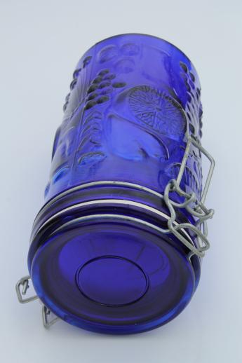 photo of cobalt blue glass canister, french style fruit jar w/ seal & hinged lid #6