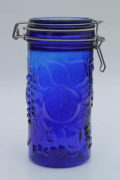 catalog photo of cobalt blue glass canister, french style fruit jar w/ seal & hinged lid