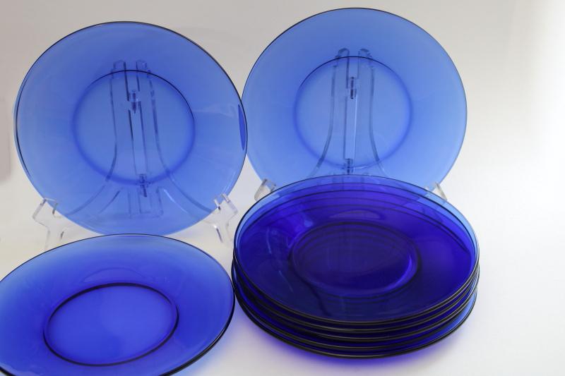 photo of cobalt blue glass dishes, set of 8 salad plates, vintage glassware #1