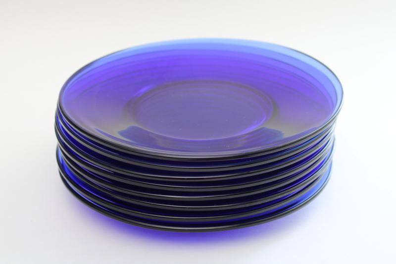 photo of cobalt blue glass dishes, set of 8 salad plates, vintage glassware #7