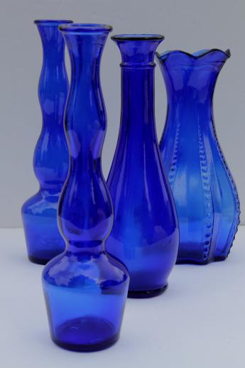 photo of cobalt blue glass vases lot, collection of vintage blue glass bud vases #1