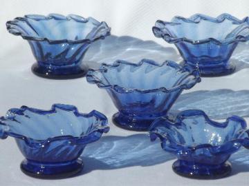 catalog photo of cobalt blue hand-blown glass bowls, vintage Mexican art glass glassware
