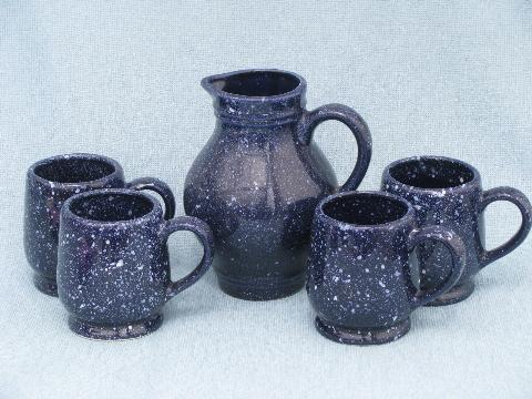 photo of cobalt blue speckle spatterware pottery, faux graniteware dishes #1