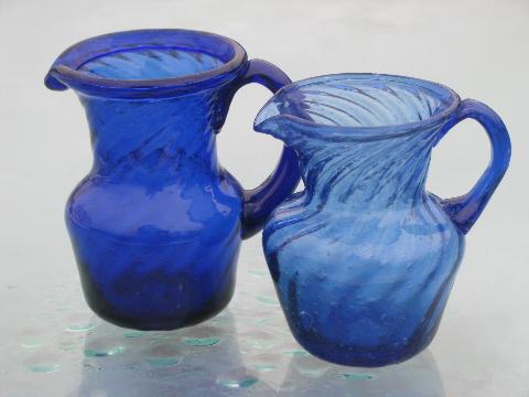 photo of cobalt blue swirl hand-blown glass pitchers, vintage Mexican art glass #1