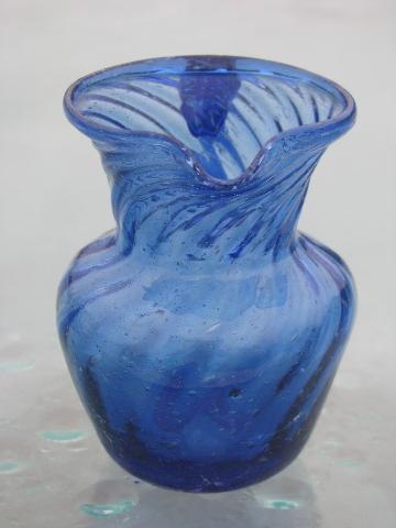 photo of cobalt blue swirl hand-blown glass pitchers, vintage Mexican art glass #2