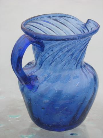 photo of cobalt blue swirl hand-blown glass pitchers, vintage Mexican art glass #3