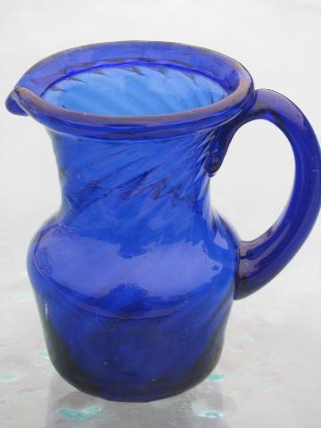 photo of cobalt blue swirl hand-blown glass pitchers, vintage Mexican art glass #5