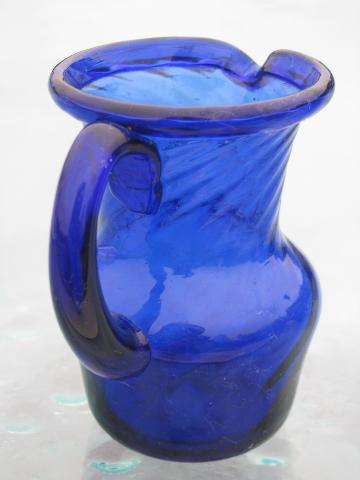 photo of cobalt blue swirl hand-blown glass pitchers, vintage Mexican art glass #7