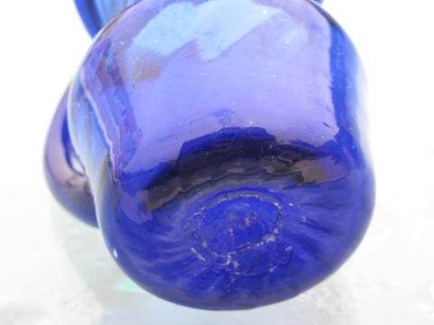 photo of cobalt blue swirl hand-blown glass pitchers, vintage Mexican art glass #8