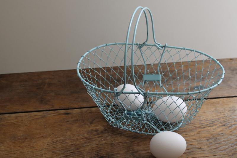 photo of collapsible vintage wire egg basket w/ robins egg blue paint, french country kitchen style #2