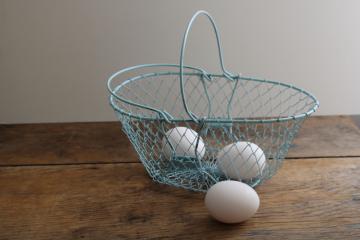 catalog photo of collapsible vintage wire egg basket w/ robins egg blue paint, french country kitchen style