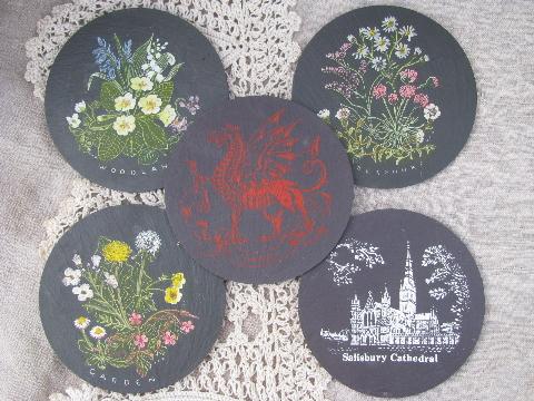 photo of collection English slate stone coasters, England flowers, Welsh dragon #1