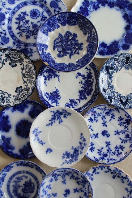 photo of collection antique flow blue china, 12 small plates saucers vintage Staffordshire England #1