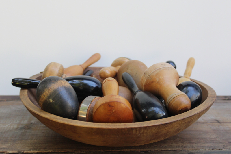 photo of collection of 22 antique vintage wood sock darners darning eggs in big old primitive wooden bowl #1