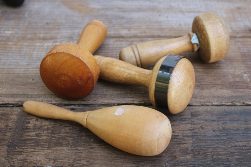 photo of collection of 22 antique vintage wood sock darners darning eggs in big old primitive wooden bowl  #4