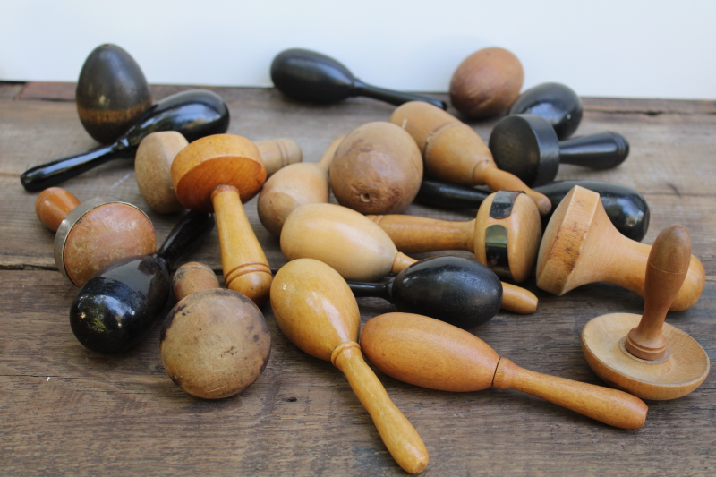 photo of collection of 22 antique vintage wood sock darners darning eggs in big old primitive wooden bowl  #10