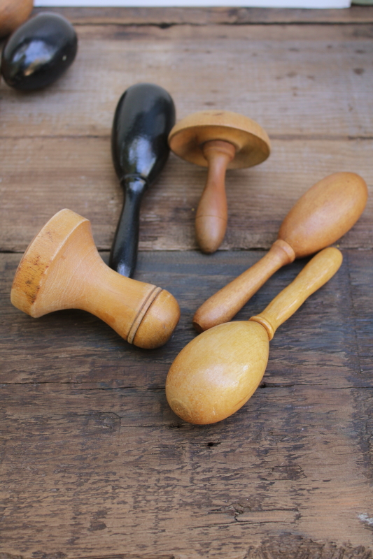 photo of collection of 22 antique vintage wood sock darners darning eggs in big old primitive wooden bowl  #11