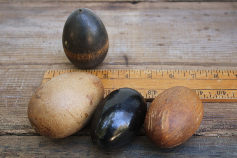 photo of collection of 22 antique vintage wood sock darners darning eggs in big old primitive wooden bowl  #12