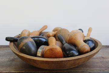 catalog photo of collection of 22 antique vintage wood sock darners darning eggs in big old primitive wooden bowl 