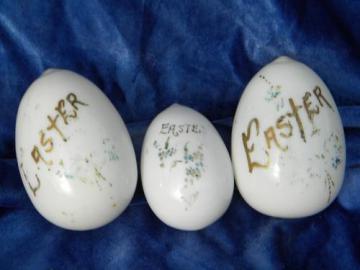 catalog photo of collection of 3 large Victorian vintage hand blown glass eggs, vintage Easter