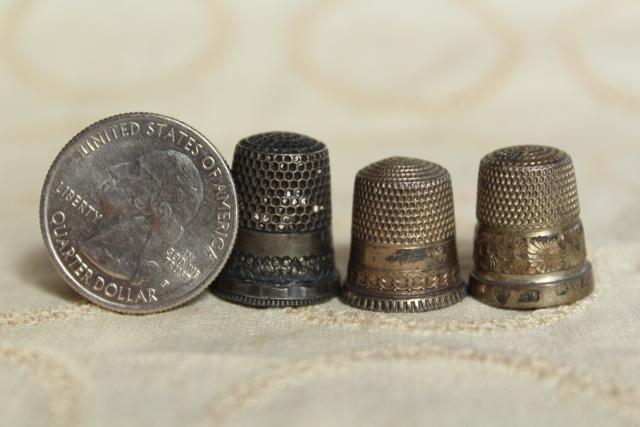 photo of collection of antique sewing tools - thimbles including sterling silver, vintage needle case #3