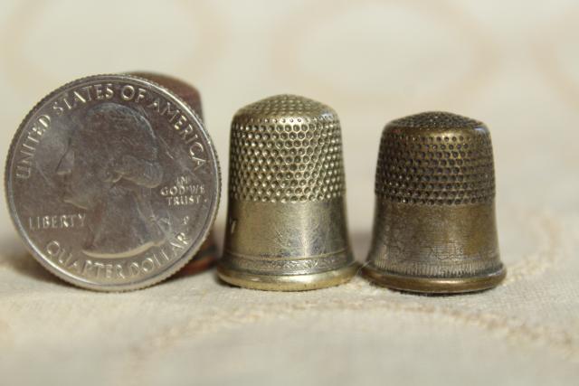 photo of collection of antique sewing tools - thimbles including sterling silver, vintage needle case #4