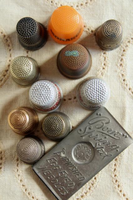 photo of collection of antique sewing tools - thimbles including sterling silver, vintage needle case #10