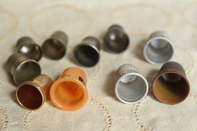 photo of collection of antique sewing tools - thimbles including sterling silver, vintage needle case #13