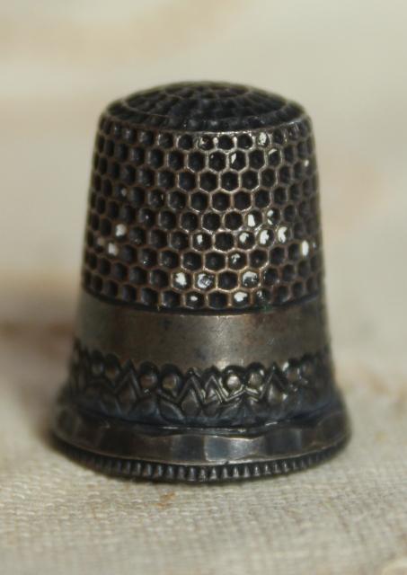 photo of collection of antique sewing tools - thimbles including sterling silver, vintage needle case #17