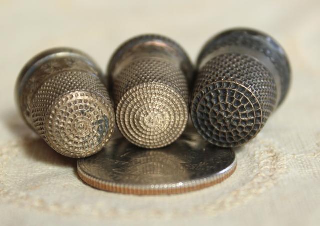 photo of collection of antique sewing tools - thimbles including sterling silver, vintage needle case #20