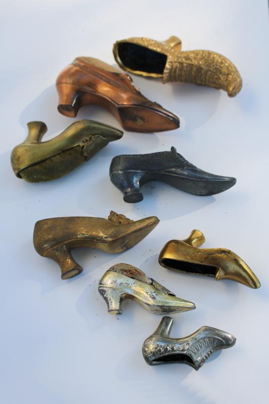 photo of collection of antique vintage cast metal shoes, ladies shoe pincushions #9