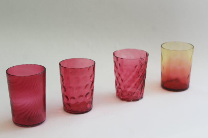 photo of collection of antique & vintage cranberry glass tumblers, amberina shaded glass #1