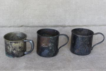 catalog photo of collection of antique vintage silver plate baby cups, small engraved mugs