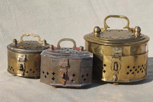 photo of collection of brass cricket boxes, vintage pierced brass boxes large & small #1