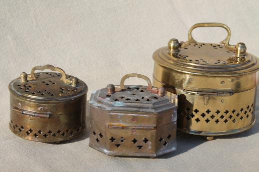 photo of collection of brass cricket boxes, vintage pierced brass boxes large & small #2