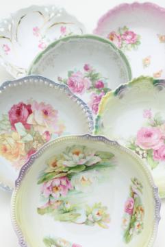 catalog photo of collection of mismatched antique china serving bowls w/ hand painted roses florals