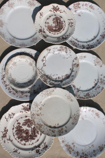 photo of collection of old antique brown transferware ironstone china plates in mismatched patterns #1