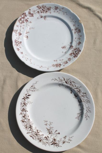 photo of collection of old antique brown transferware ironstone china plates in mismatched patterns #2