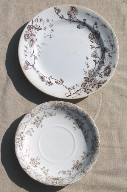 photo of collection of old antique brown transferware ironstone china plates in mismatched patterns #4