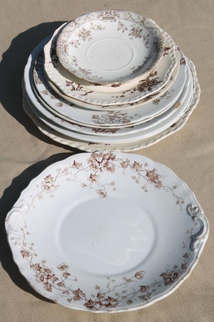 photo of collection of old antique brown transferware ironstone china plates in mismatched patterns #6