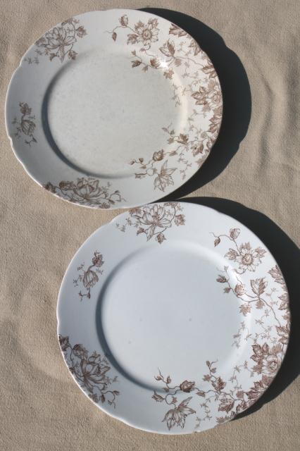 photo of collection of old antique brown transferware ironstone china plates in mismatched patterns #8