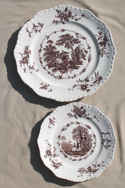 photo of collection of old antique brown transferware ironstone china plates in mismatched patterns #12