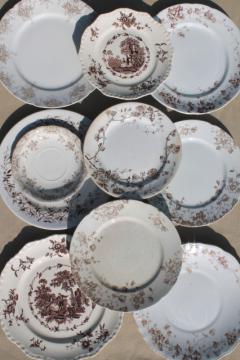 catalog photo of collection of old antique brown transferware ironstone china plates in mismatched patterns