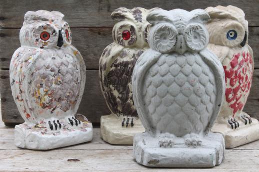 photo of collection of old cement owls, owl doorstops or rustic garden ornaments  #1
