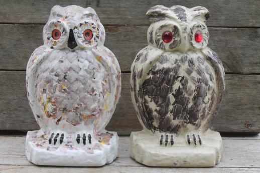 photo of collection of old cement owls, owl doorstops or rustic garden ornaments  #7
