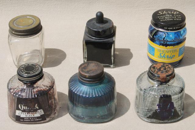 photo of collection of old glass ink bottles, vintage advertising label bottle lot #2