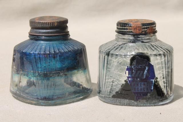 photo of collection of old glass ink bottles, vintage advertising label bottle lot #3