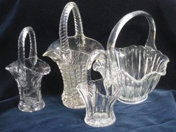 catalog photo of collection of old pressed glass flower baskets, Easter & May basket vases