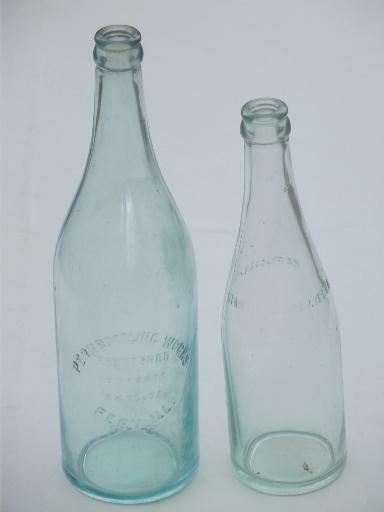 photo of collection of old soda & water bottles, heavy clear glass & aqua blue glass bottles #4